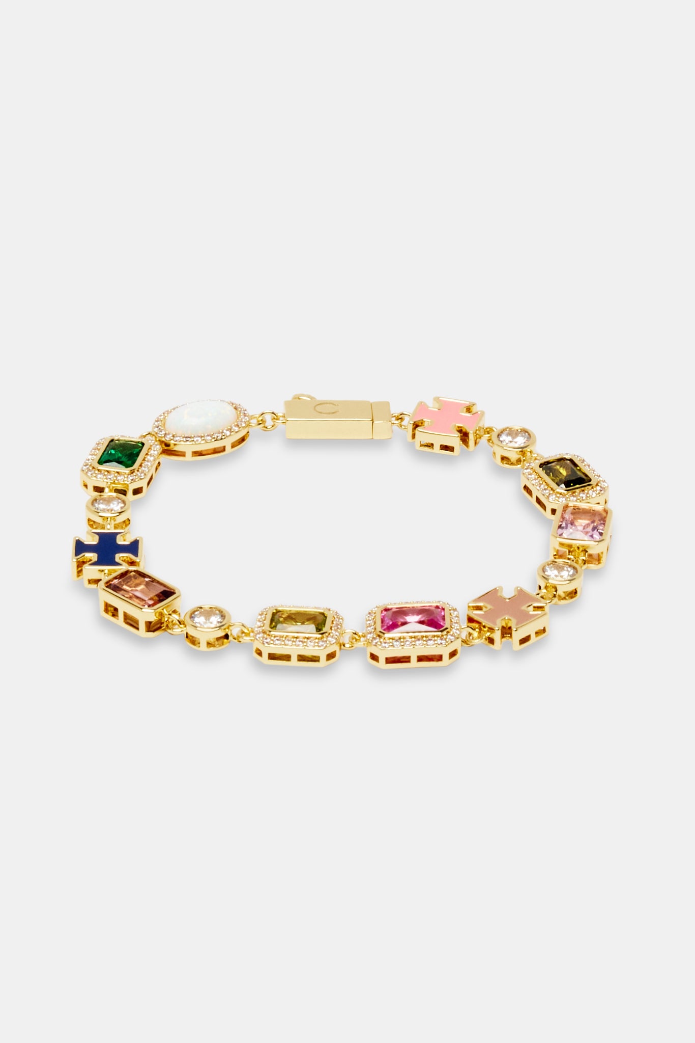 Multi Gemstone Motif Bracelet - Gold Pink & Green - 10mm